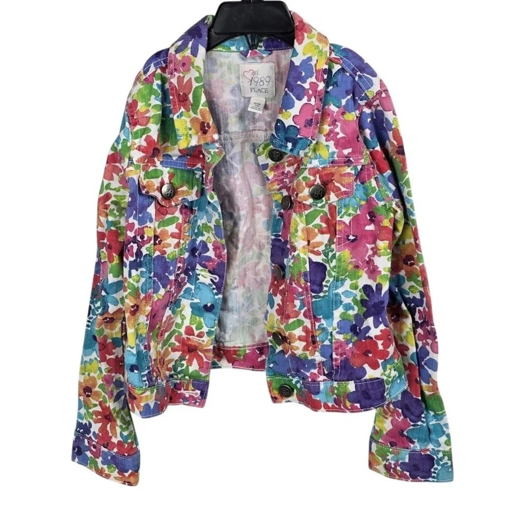 The Childrens Place‎ Girls Floral Denim Trucker Jacket Multicolored Size M 7/8